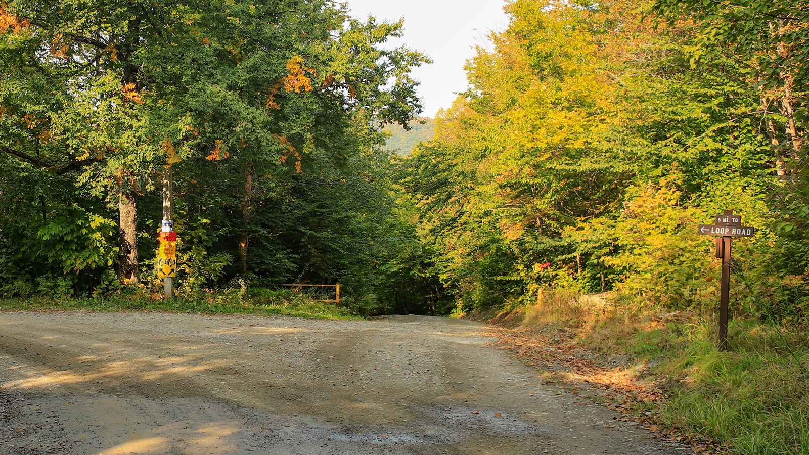 Yellow metal gate to the left at the intersection of Swift Brook Road and Seboeis Road.