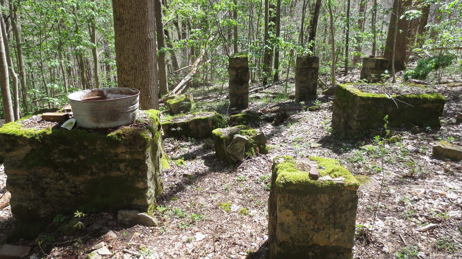 Old stone piers and walls in the forest