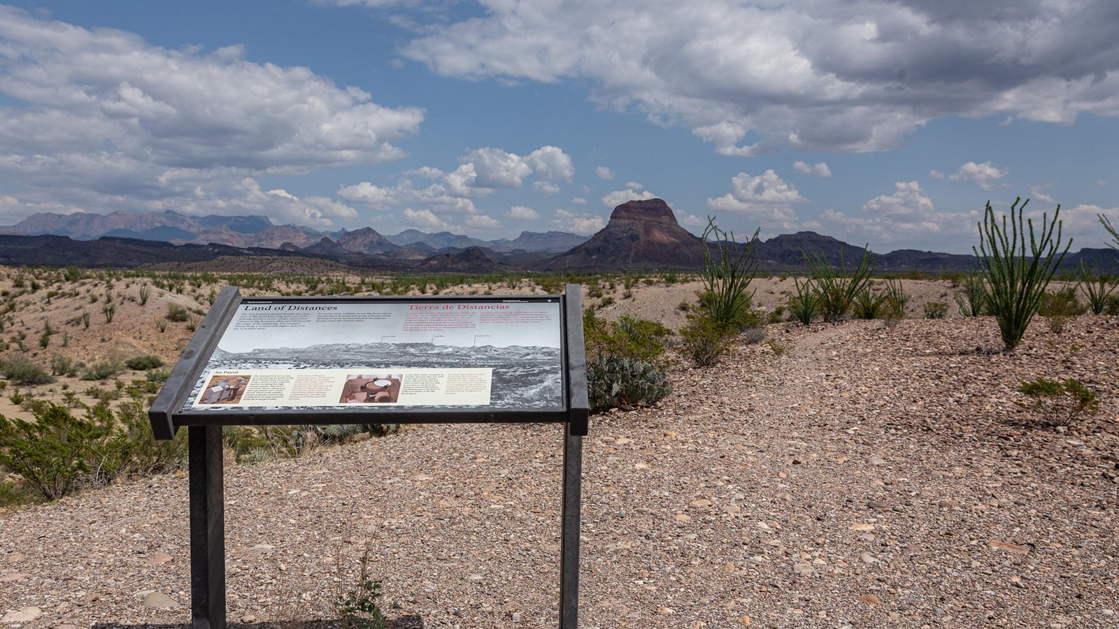 Desert Mountain Overlook Wayside Exhibit with mountains in the background