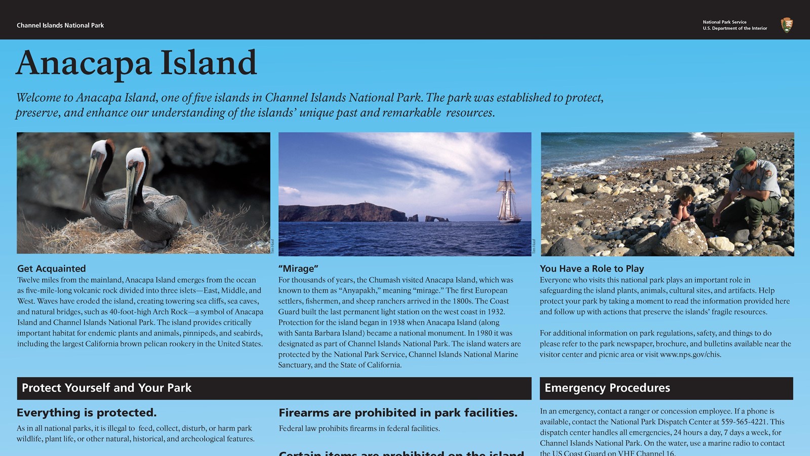 Welcome sign with text and pictures of Anacapa Island.