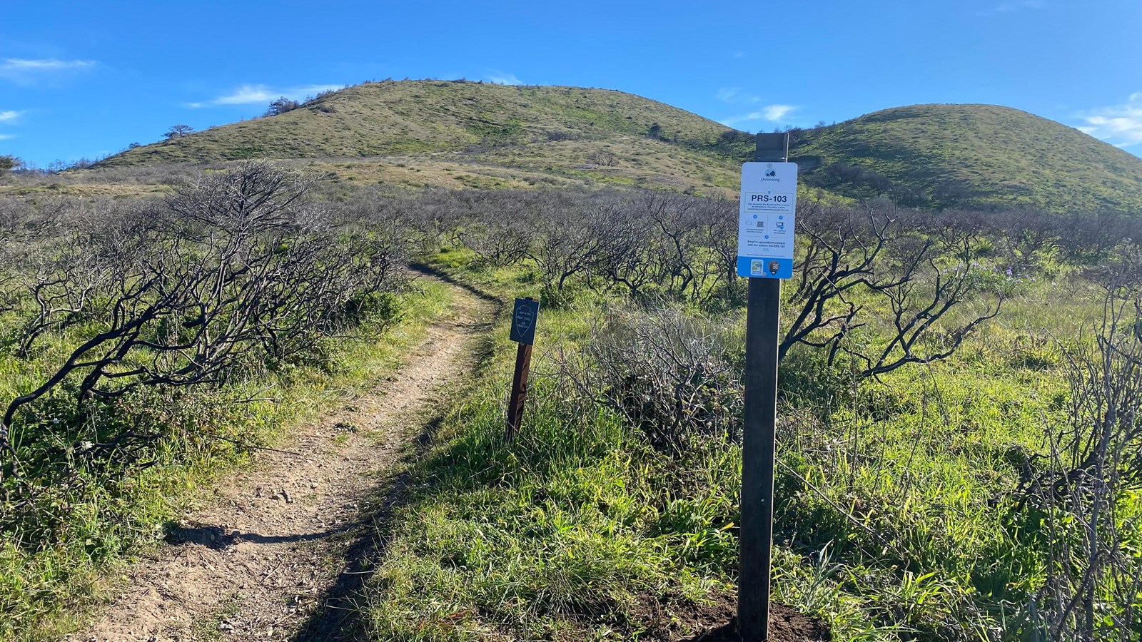 A blue and white sign on a wooden post next to a trail, in front of shrubs and two grassy hillsides 