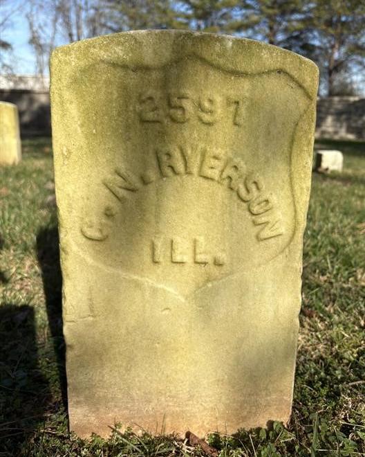 Headstone of George N Ryerson, a private who is buried in the Stones River National Cemetery.