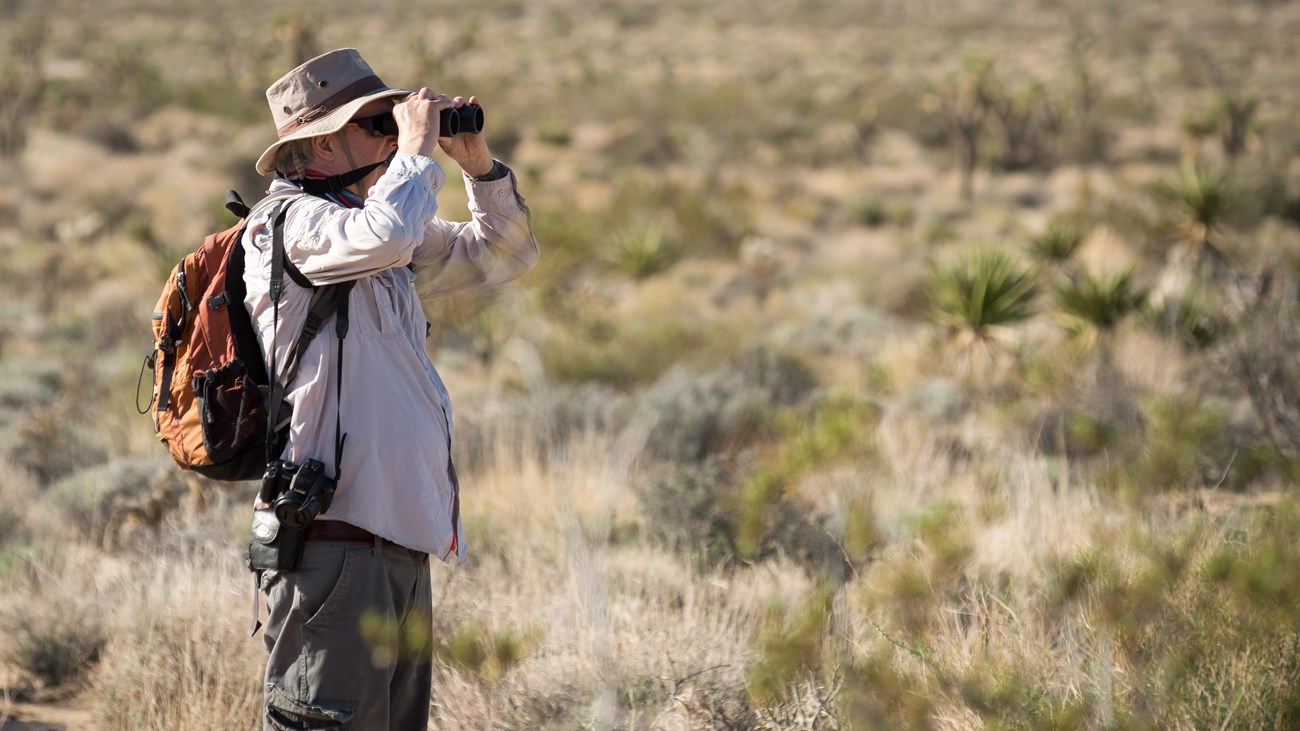 A map holding binoculars up to his face looking into the distance.