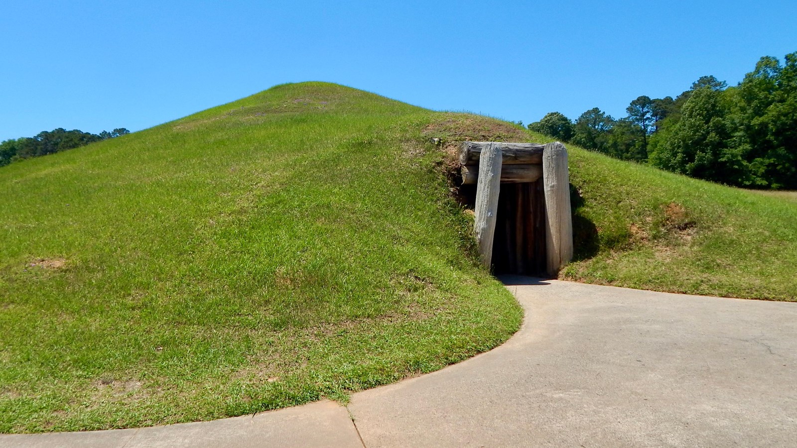 A view of the grass-covered Earth Lodge and the wooden doorway.