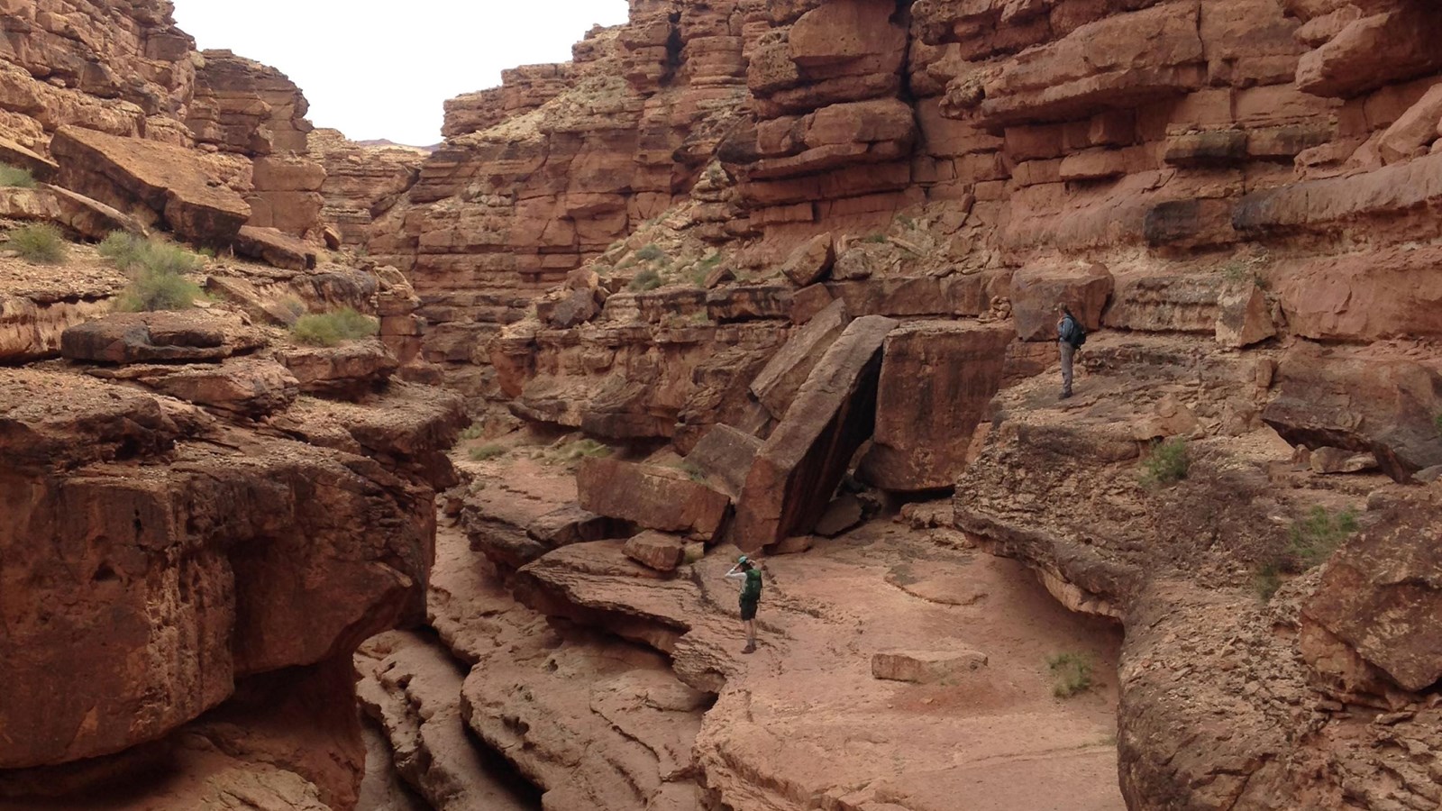 Hikers descending to the bottom of the wash trail surrounded by tall narrow canyon walls.