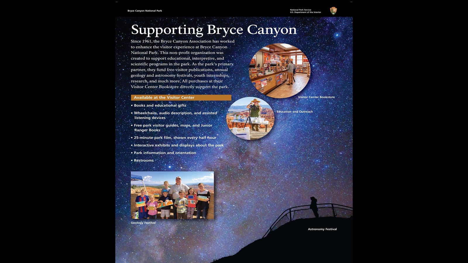 A wayside exhibit sign highlighting the parks partnership with the Bryce Canyon Association.