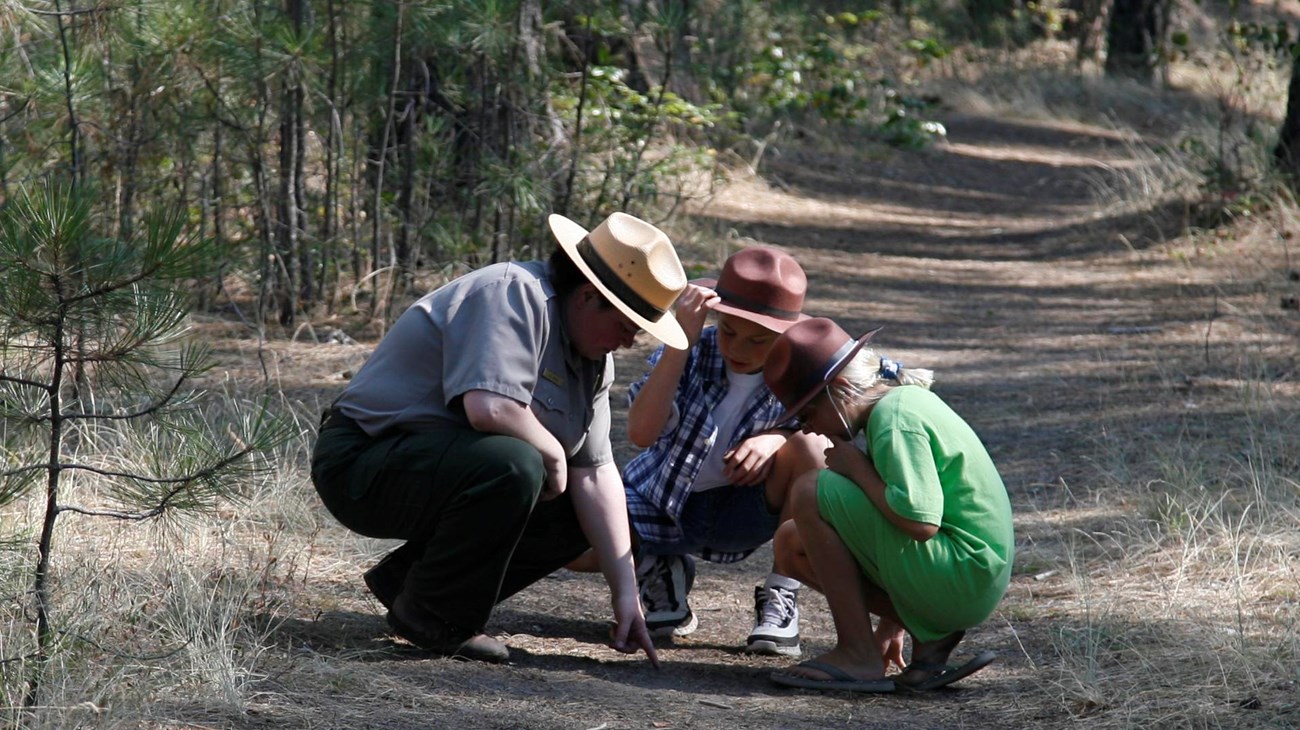 A park ranger and two children on a nature trail.
