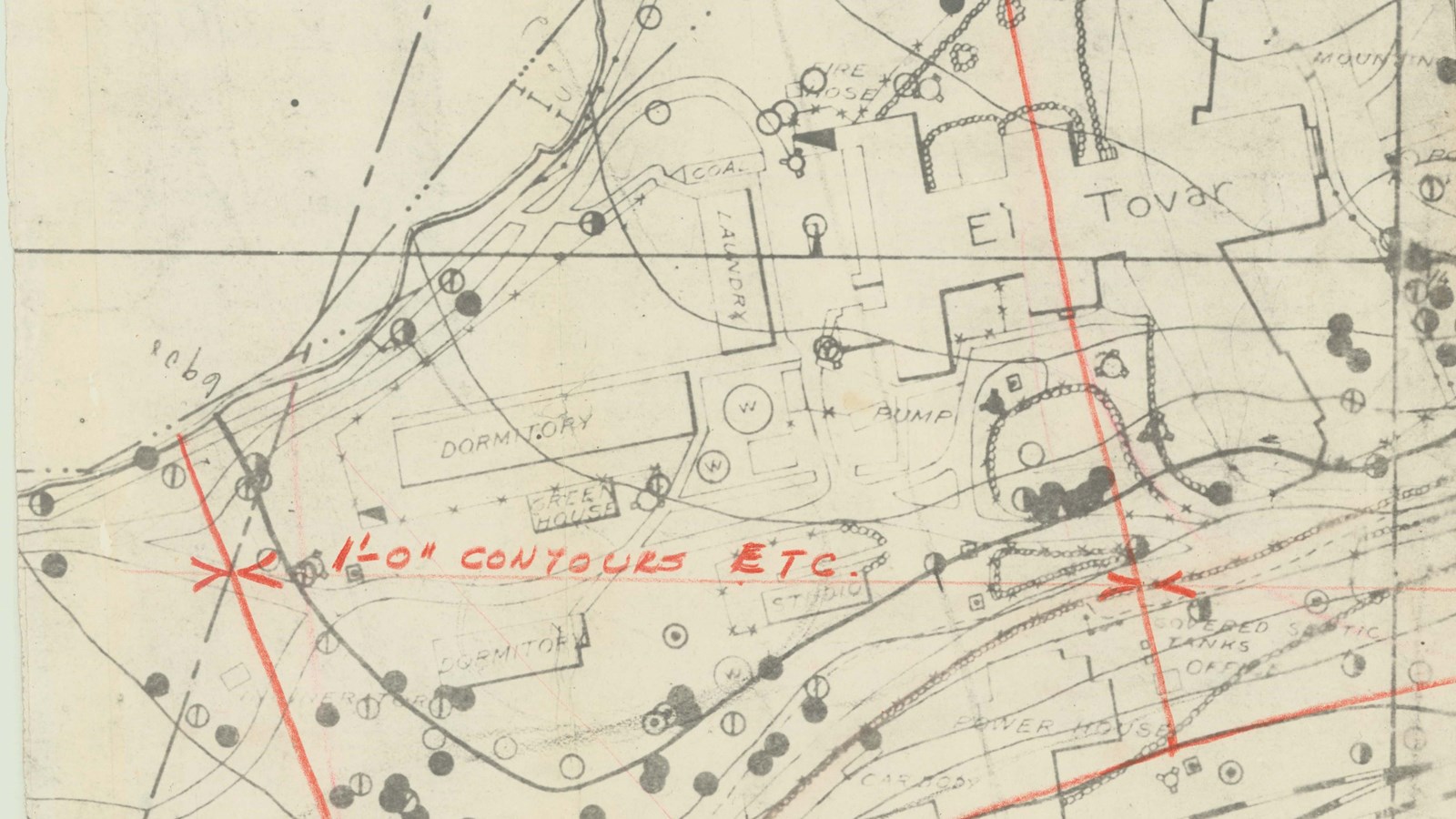Pencil plan of buildings with circles to show trees and topographical lines