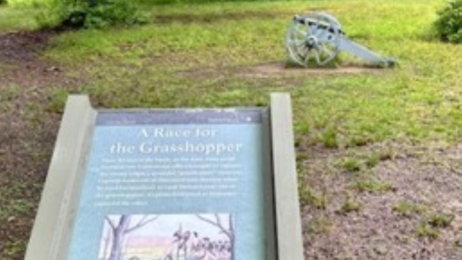 A waist-high sign with a cannon behind it with green grass and trees.