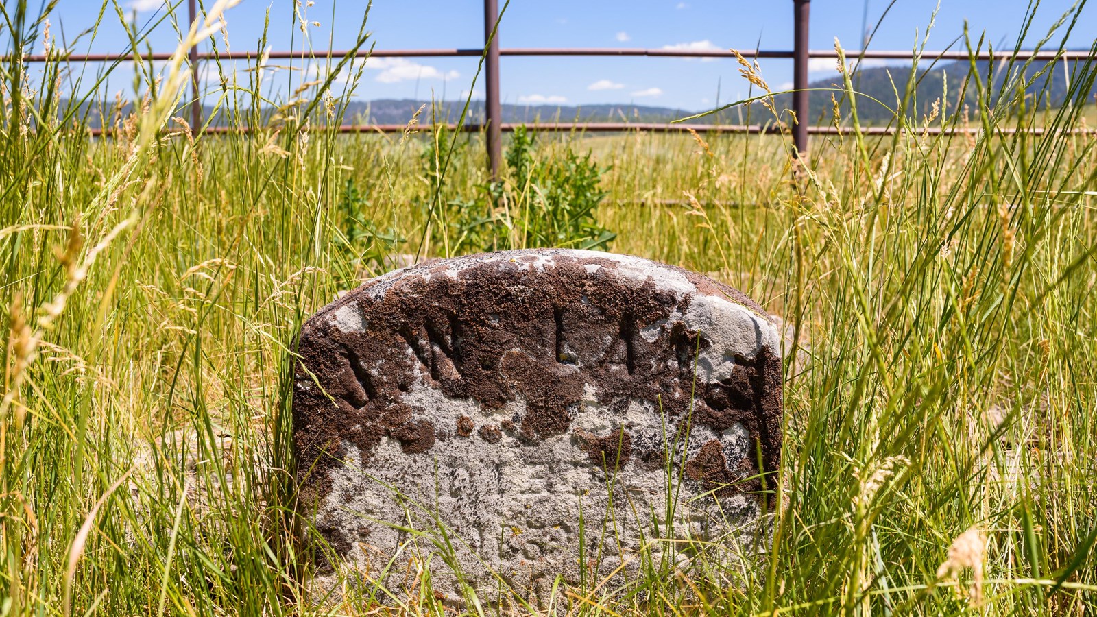 A headstone sitting in a grassy area.