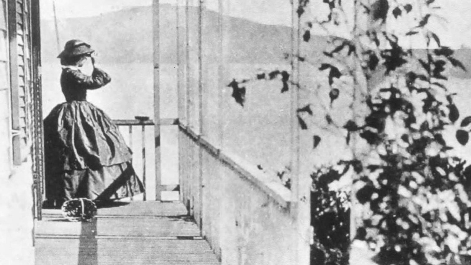 Jessie Benton Fremont on the porch of “Porter’s Lodge”, overlooking Alcatraz and Angel Island. 