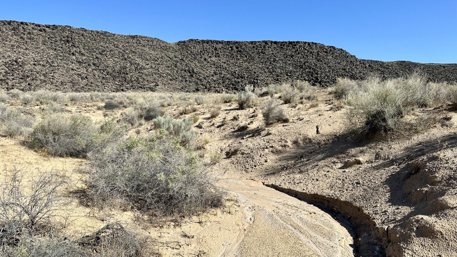 A desert and volcanic landscape under a blue sky.
