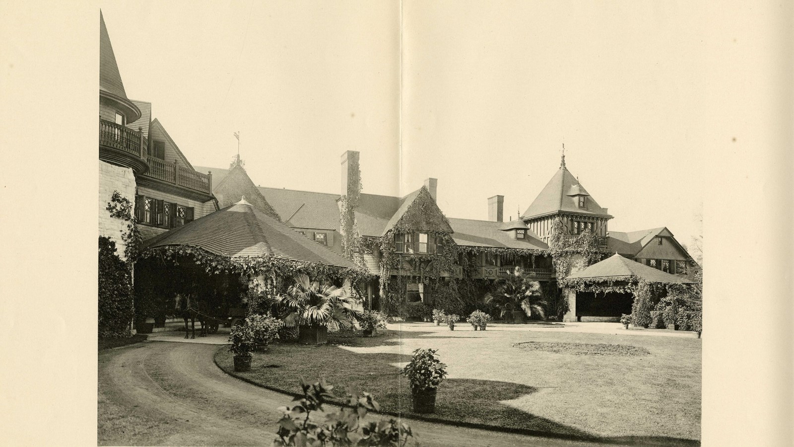 Black and white of home with vines on it and circular grassy area in front