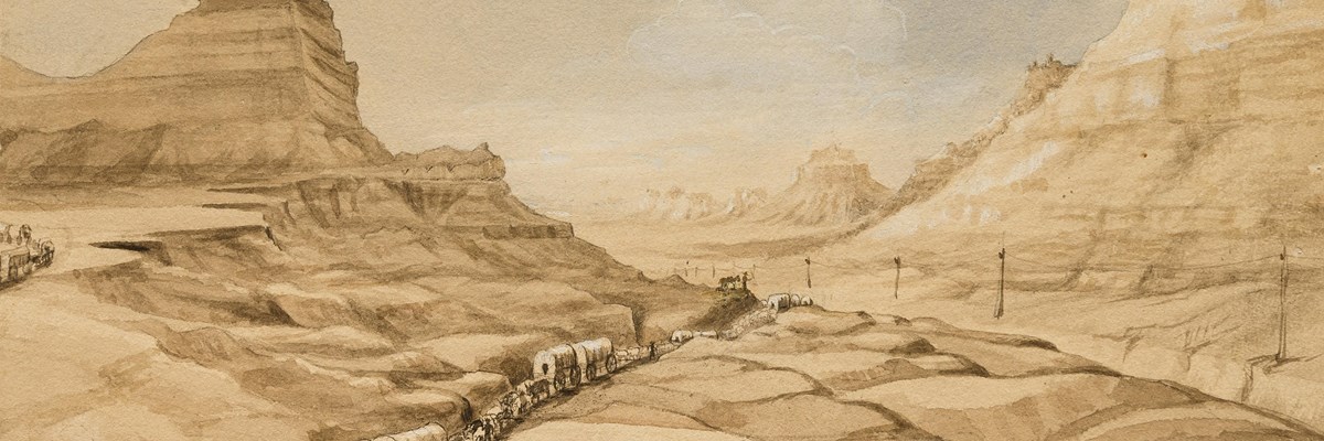 A sketch of a wagon train moving through a narrow, rugged pass. 