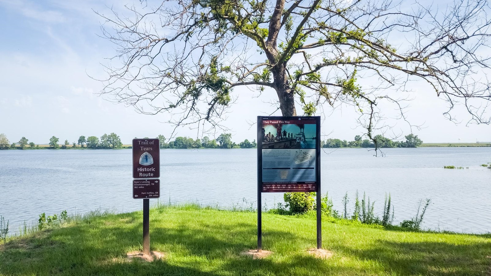 Trail of Tears exhibit and mileage sign on point overlooking river with a tree above.