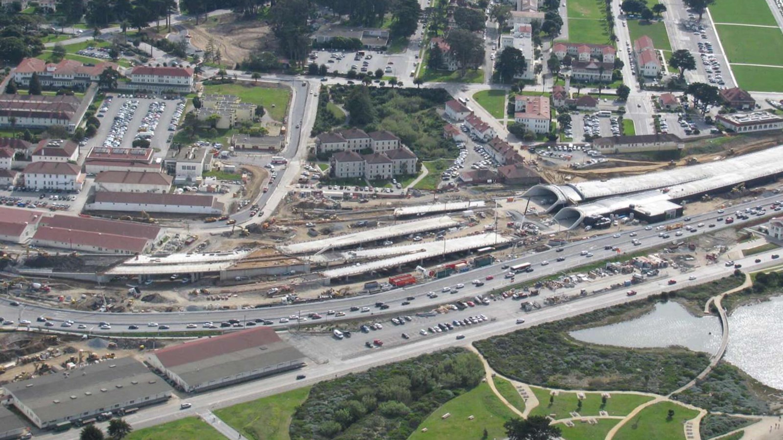 Aerial view of the Presidio Tunnel Tops project construction.