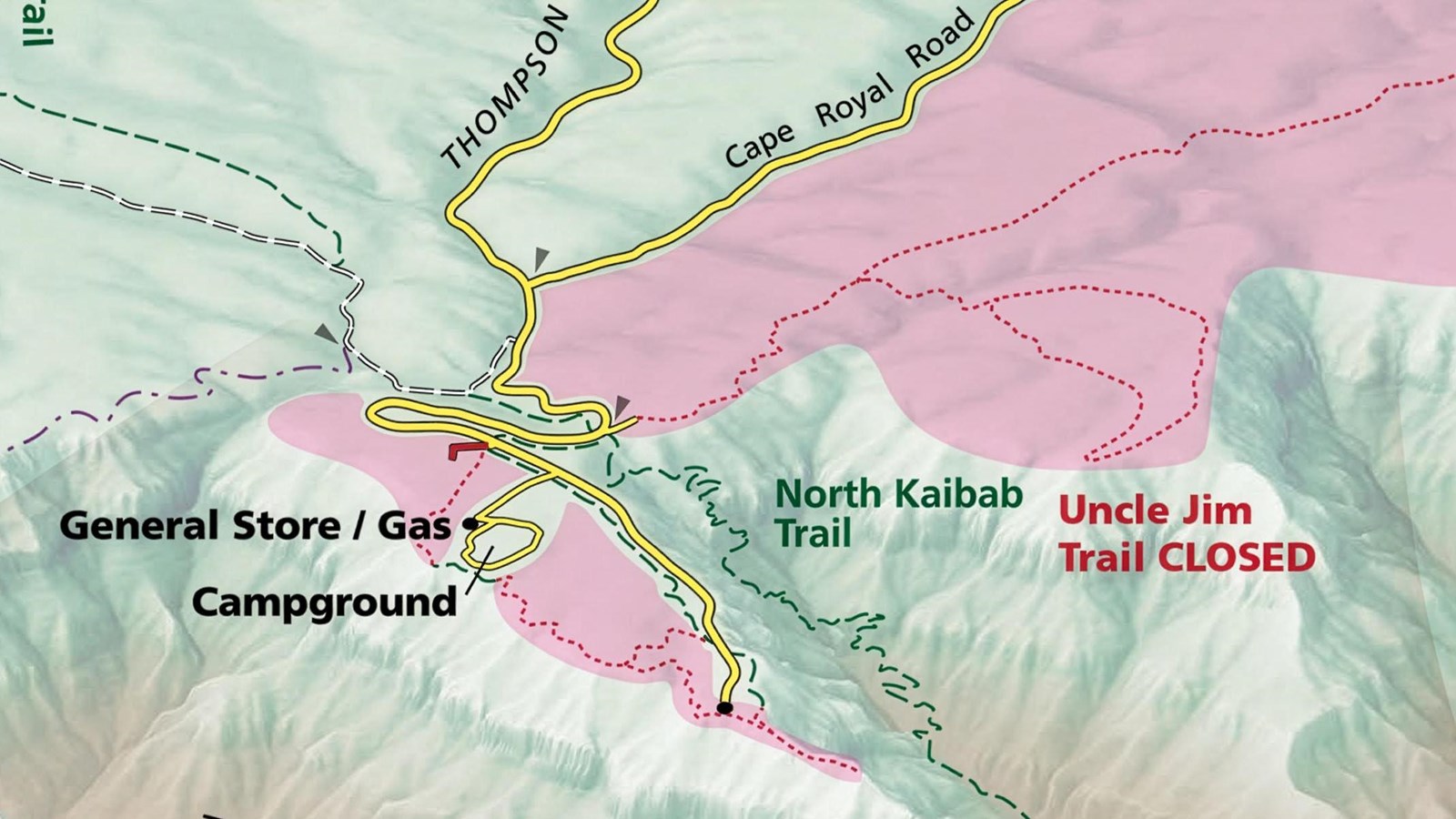 a map showing the closed areas and trails in red. 