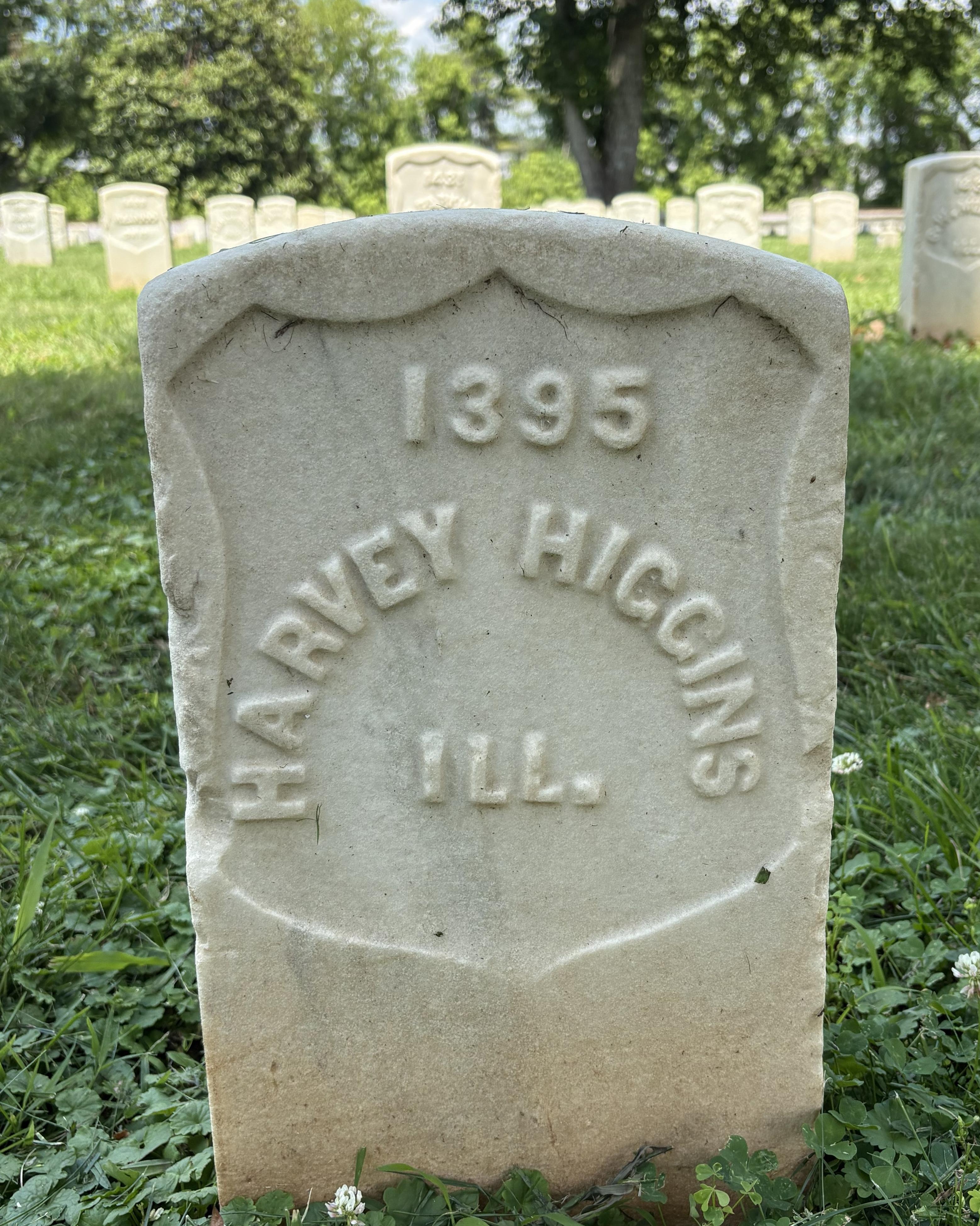 Marble headstone belonging to Civil War veteran Harvey Higgins. 