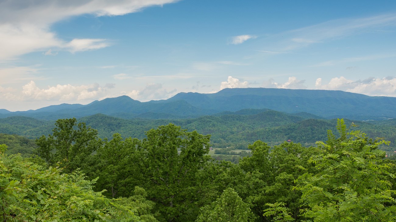 View of mountain ridges with green vegetation in the foreground