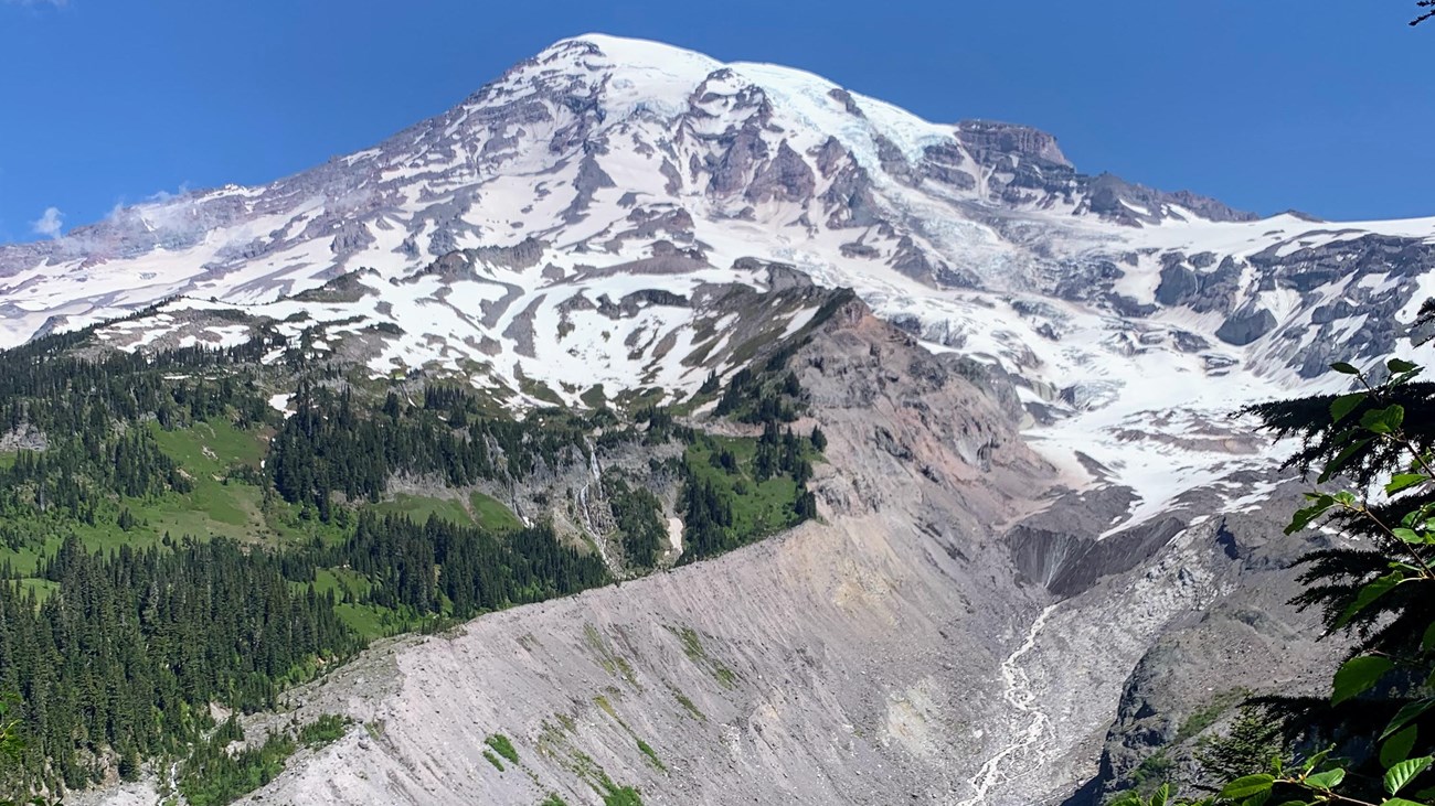 Glacial valley below towering Mount Rainier. A thin river begins at the end of a rocky glacier.