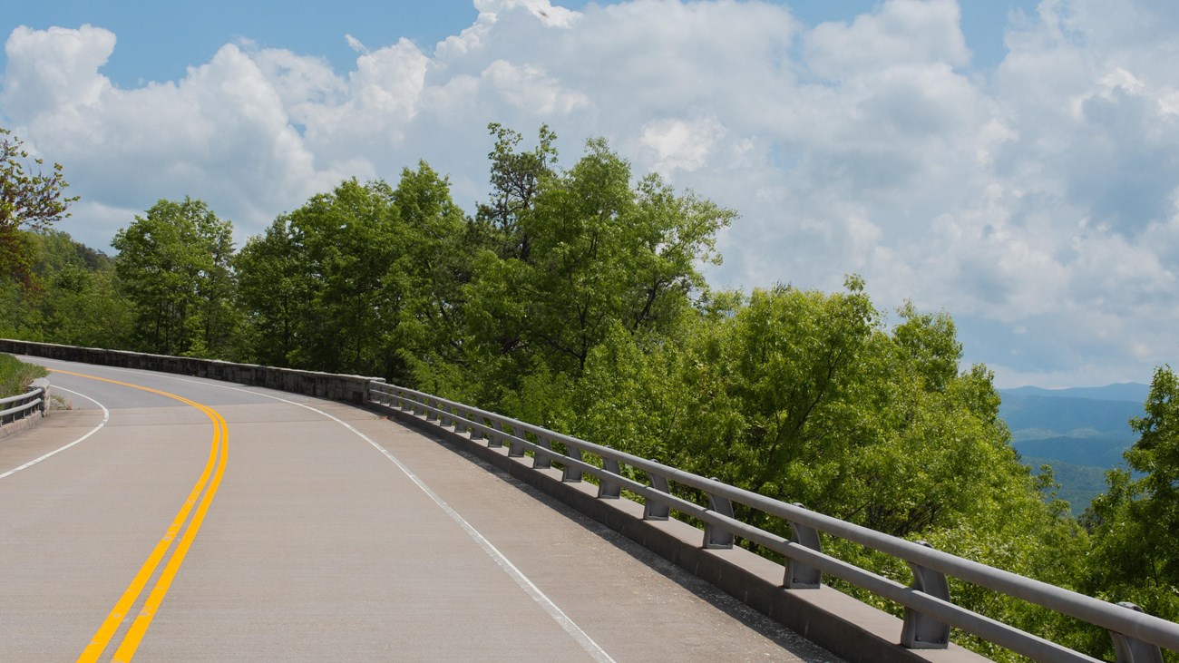 View of road with trees andblue skies in the distance.