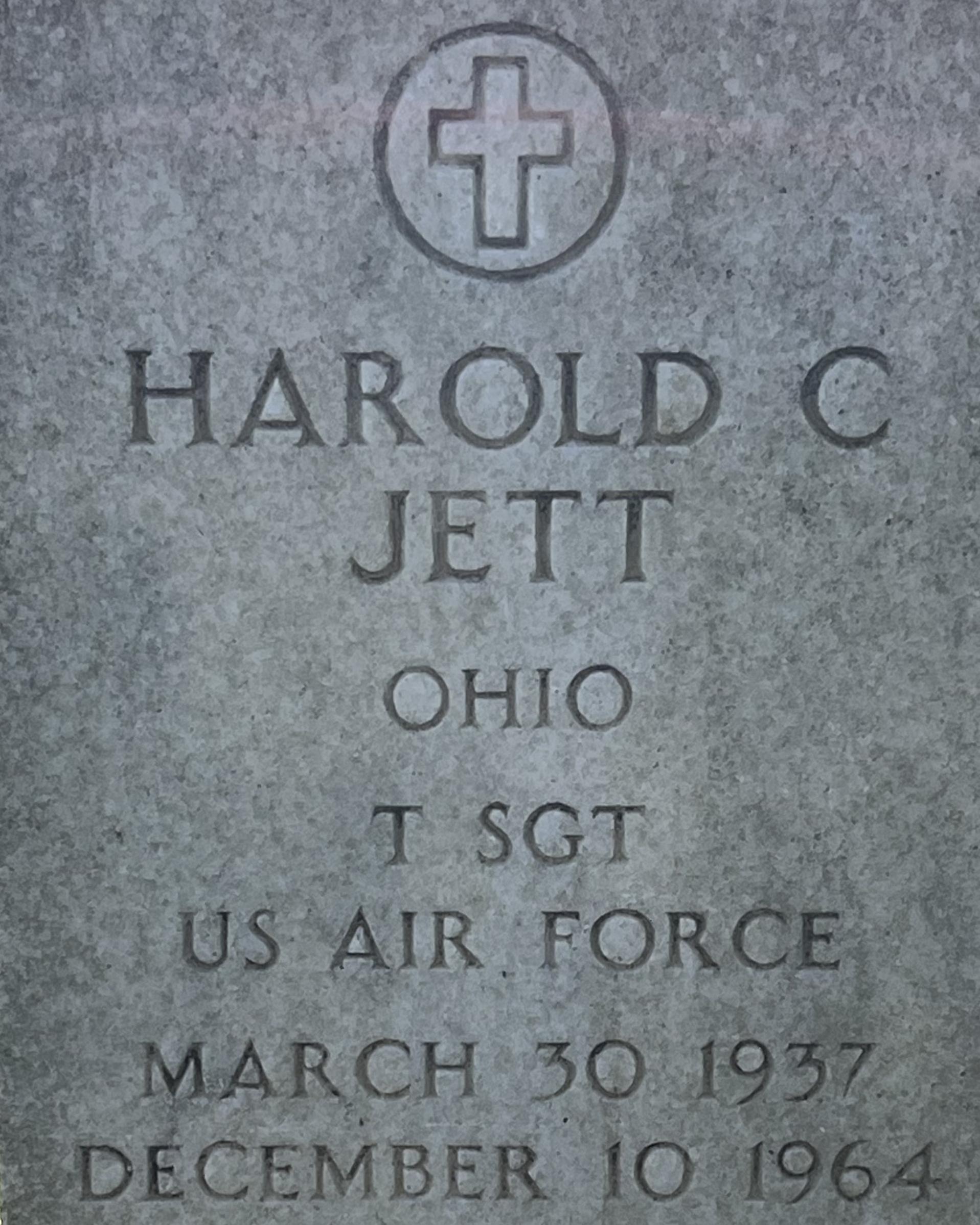 Marble headstone belonging to Harold Claude Jett located in Stones River National Cemetery.
