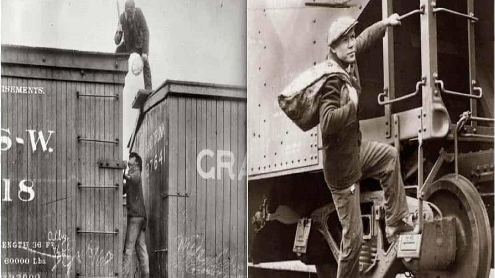 Two vintage photos, a man on the rails between train cars and a man jumping on a boxcar with a sac. 