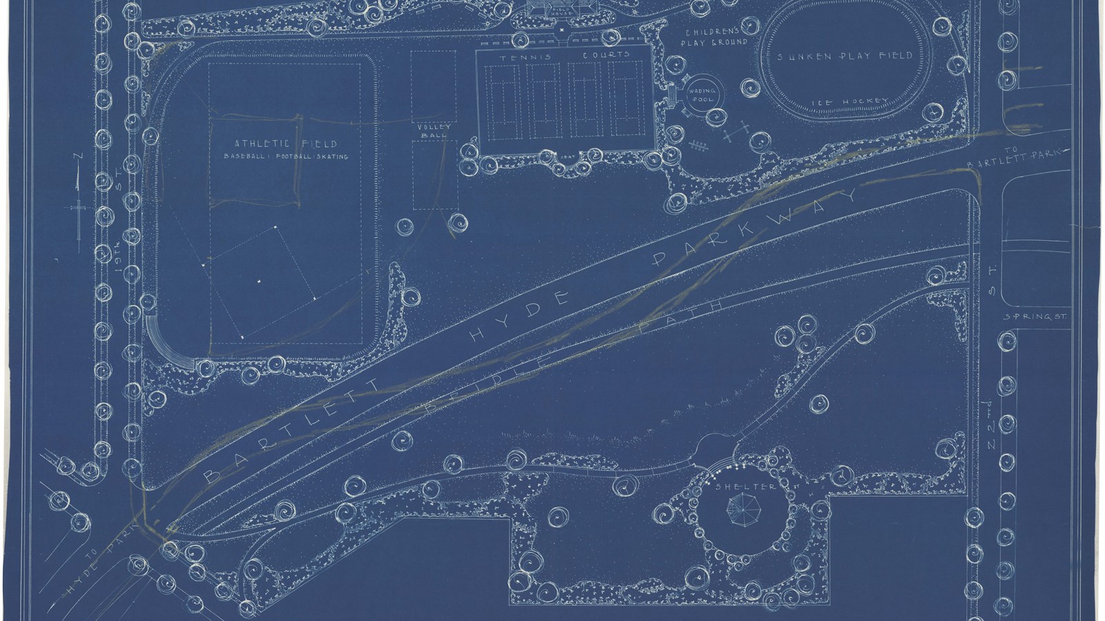 Blueprint of rectangular park with road cutting through, with tennis courts, playfields and shelters