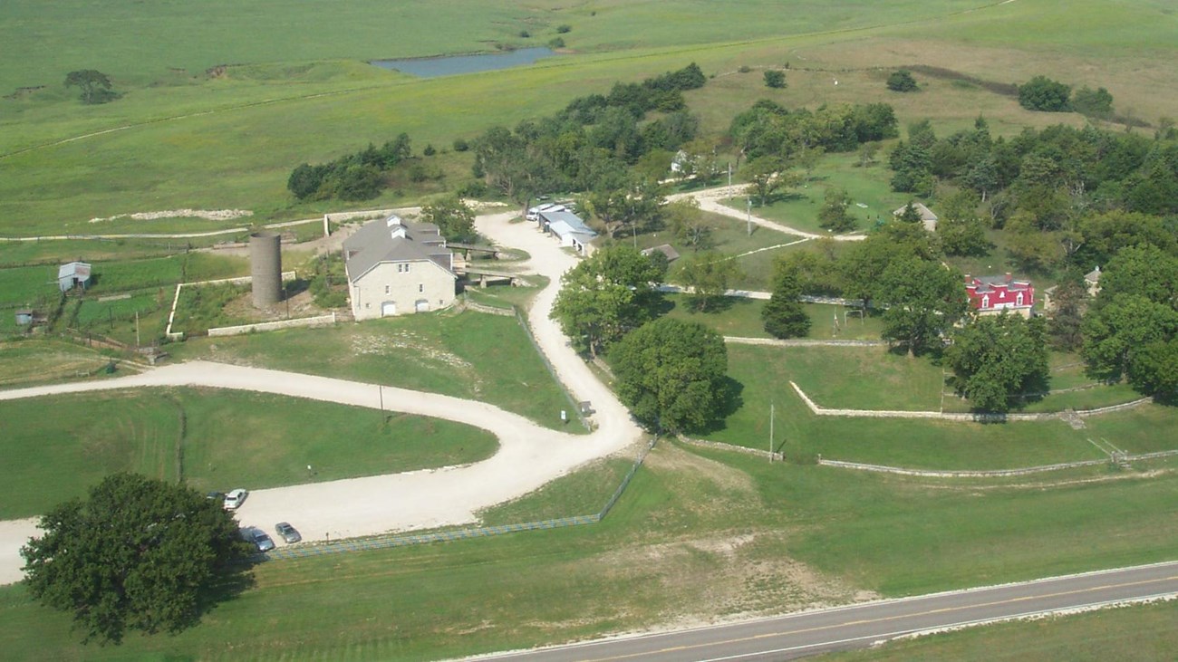 Aerial photo showing the historic ranch buildings.
