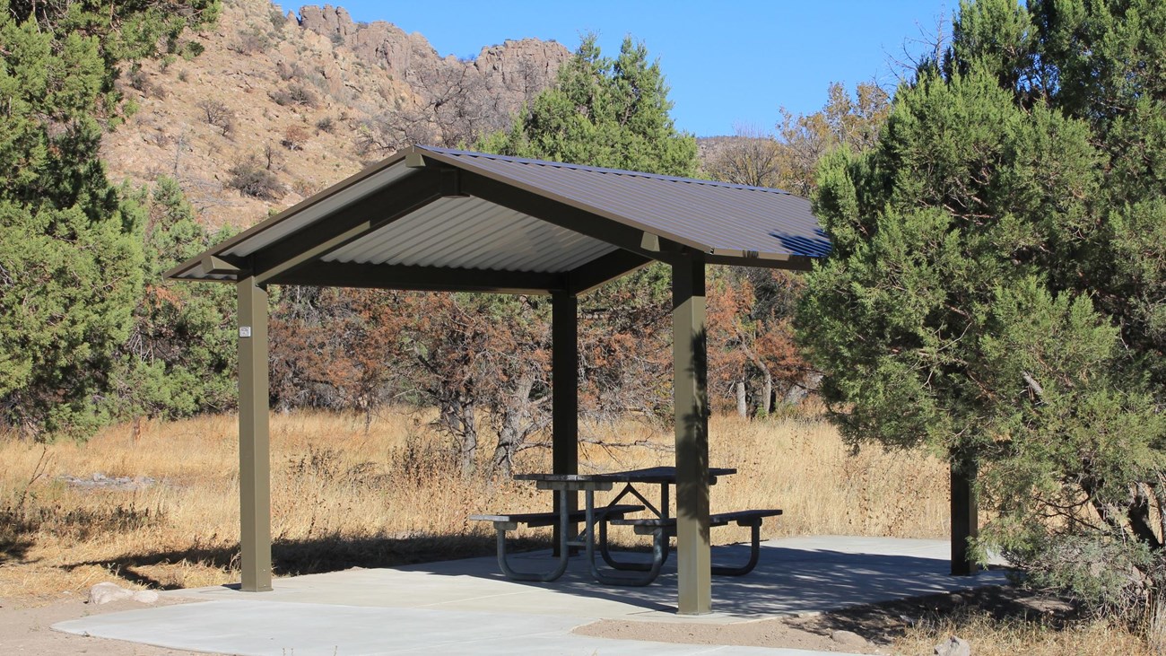Picnic table under a ramada