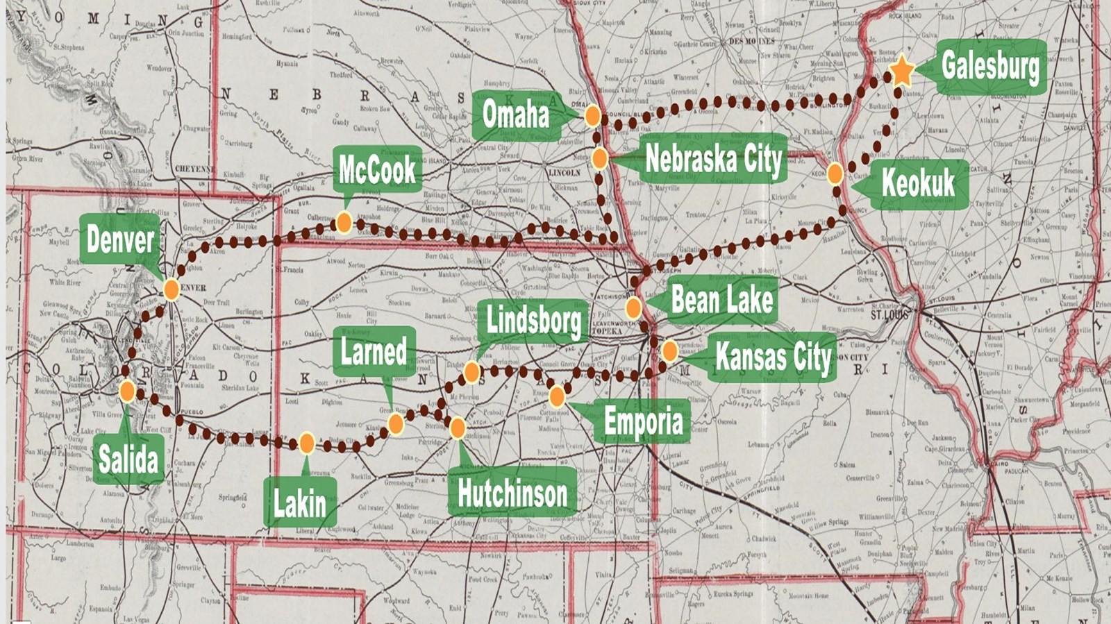 Map of Midwest states with names of cities he traveled thru as a hobo. 