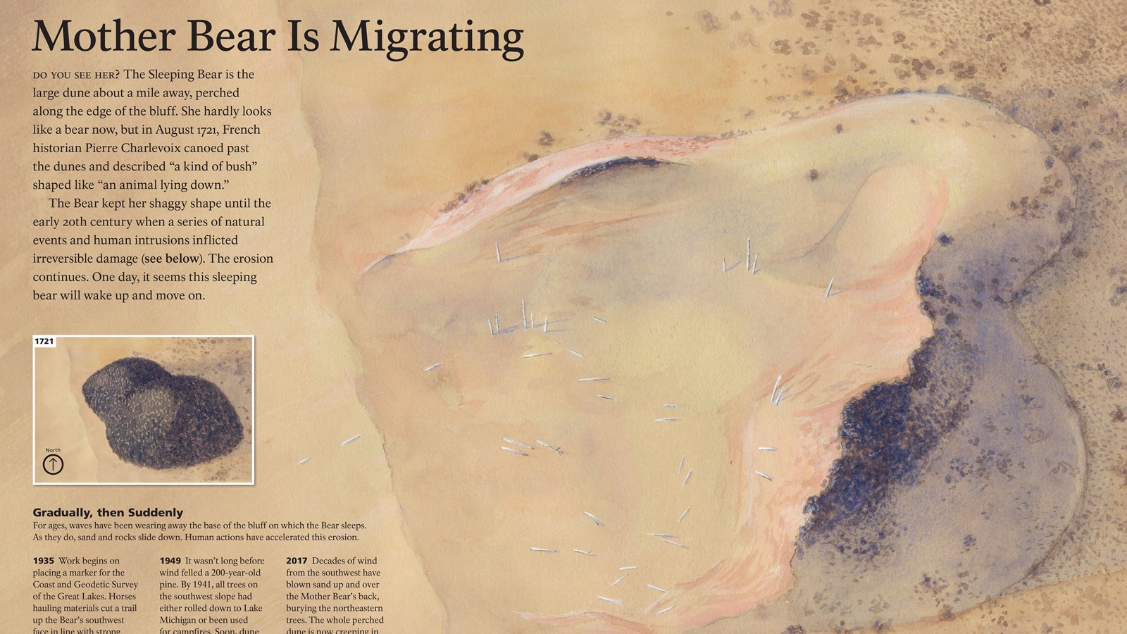 Illustration from above of a sand dune with little sand in its center