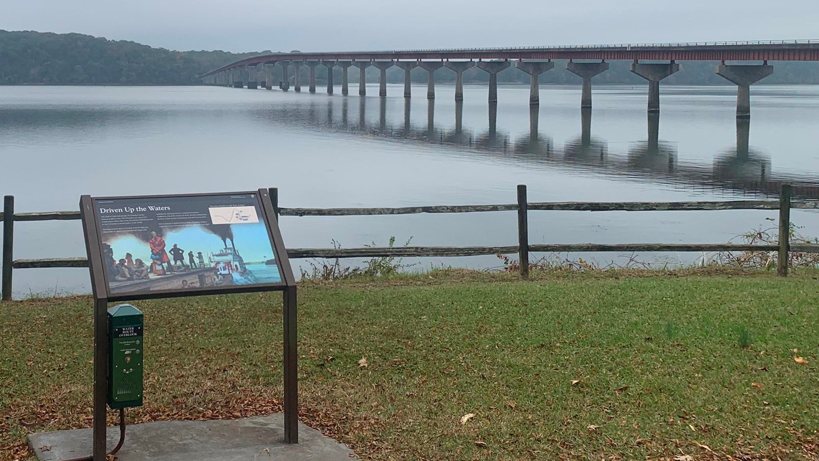 Water Route Overlook wayside gives information on Trail of Tears. View is of the Tennessee River 