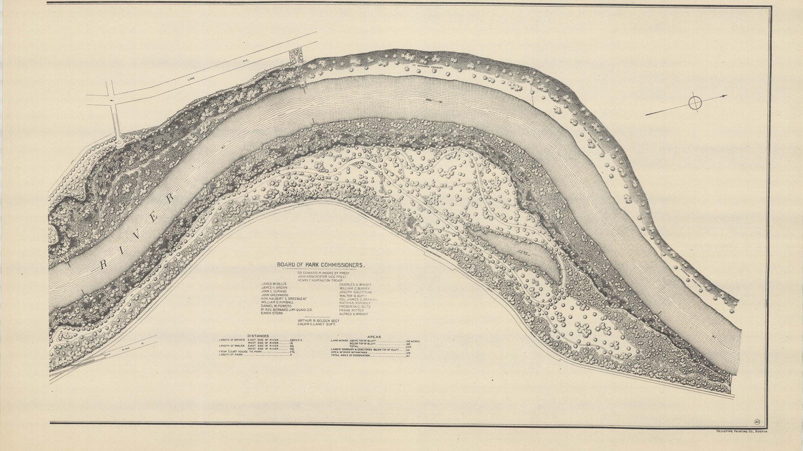 Plan of large curving river densely lined with trees on both sides