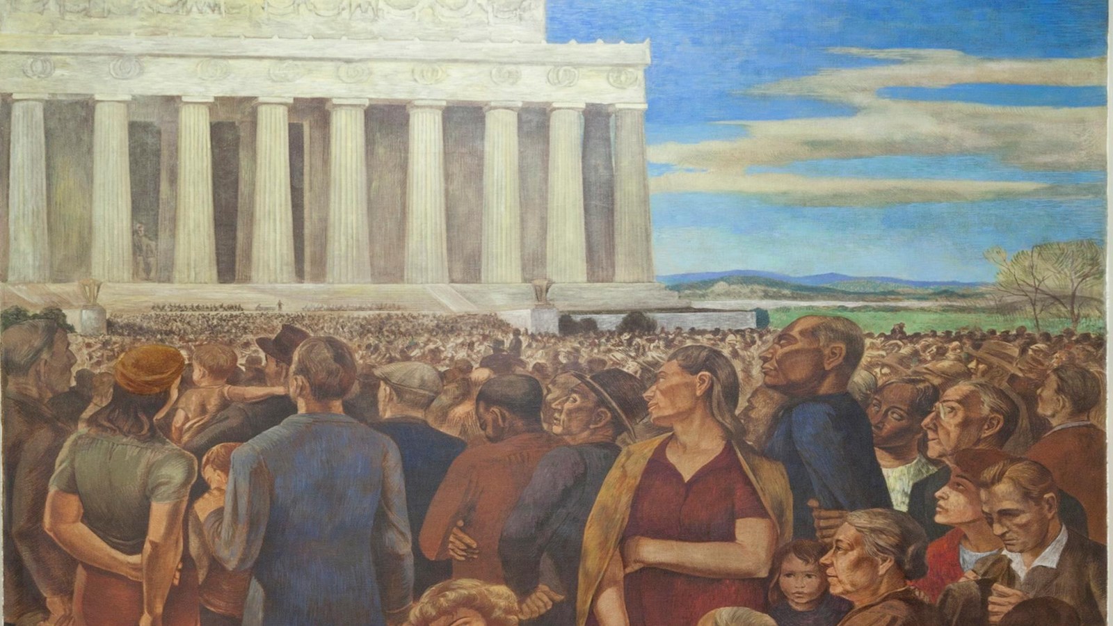Mural of crowd in front of Lincoln Memorial. 