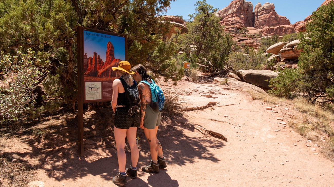 Two hikers read a trailhead sign, juniper tree and rock formation in backgound