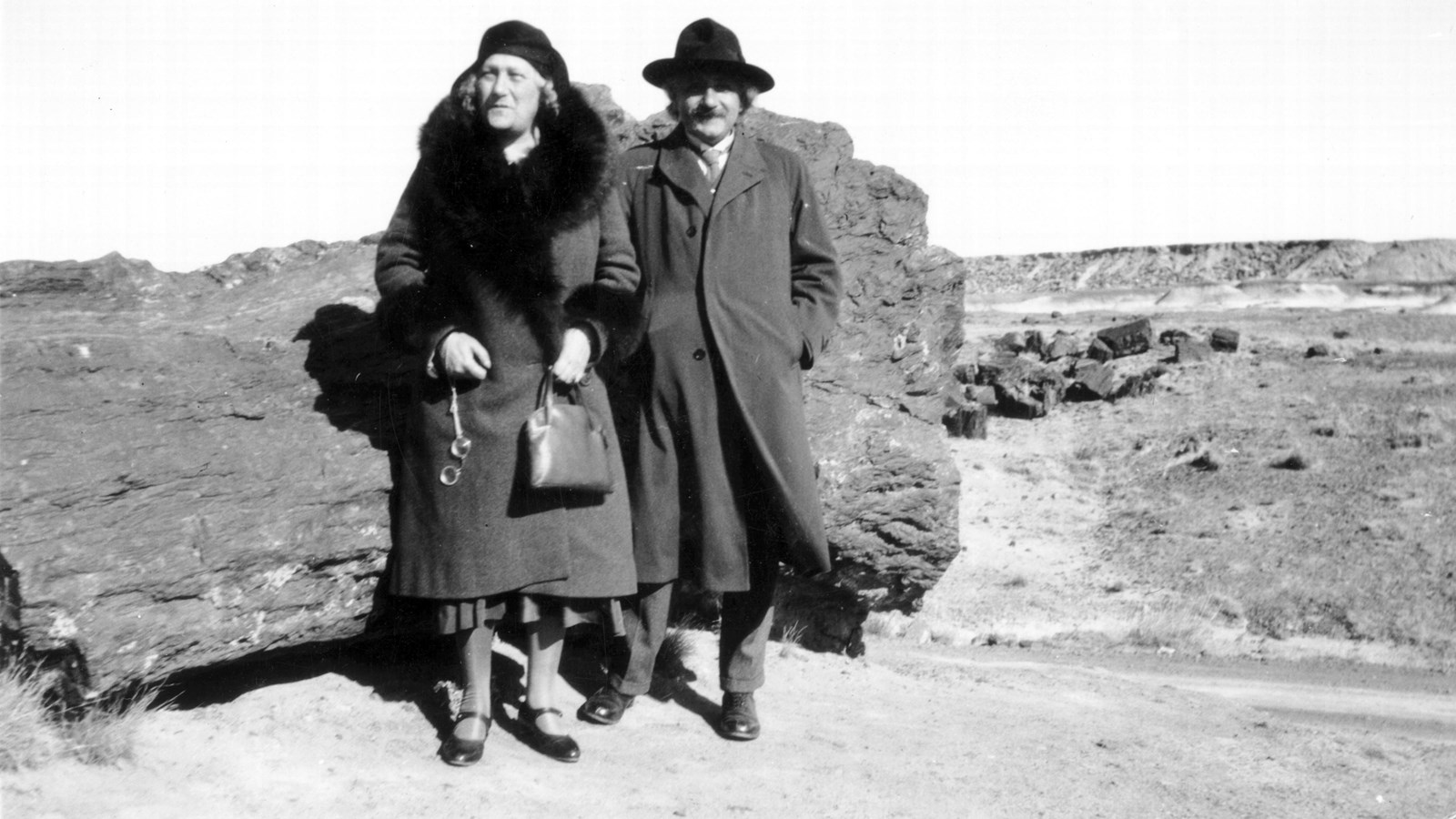 Historic photo black and white, man and woman standing next to a massive petrified log