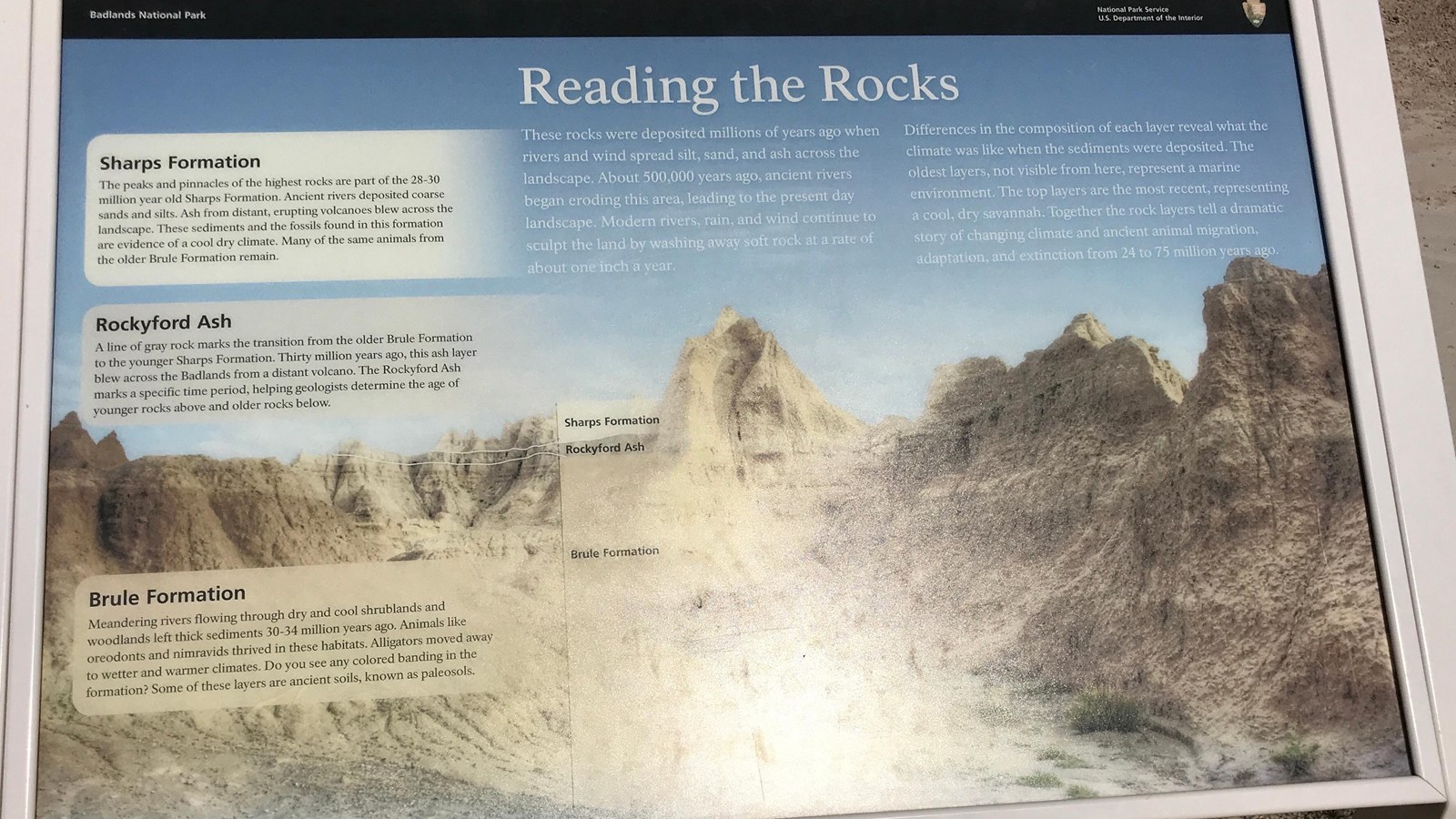 A one-panel exhibit showing photograph of layered badlands formations with labels.