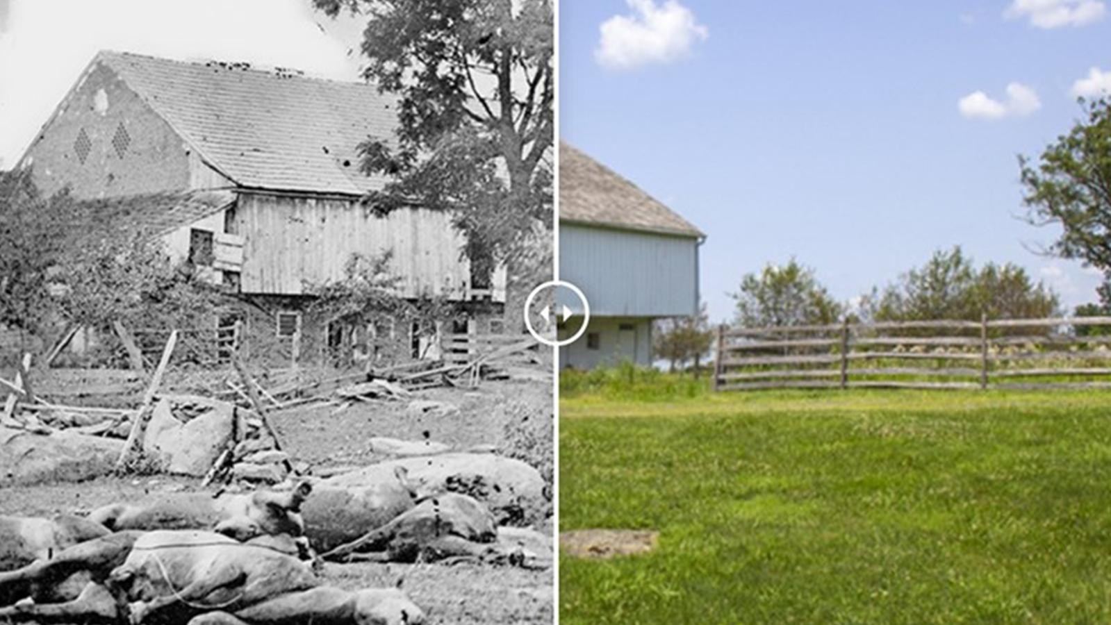 An image split with a modern image to the right and historic image to the left.
