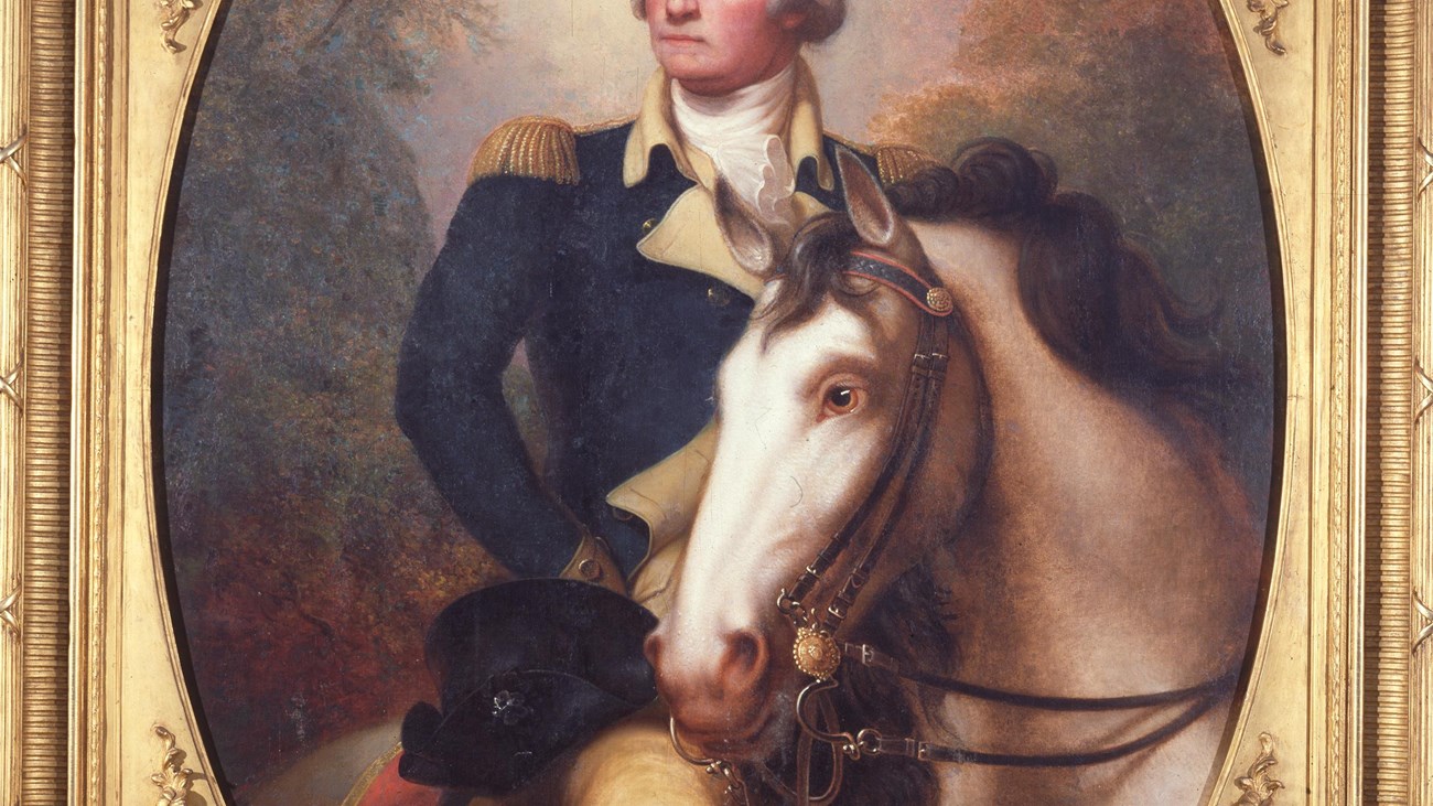 Portrait of George Washington on a white horse.