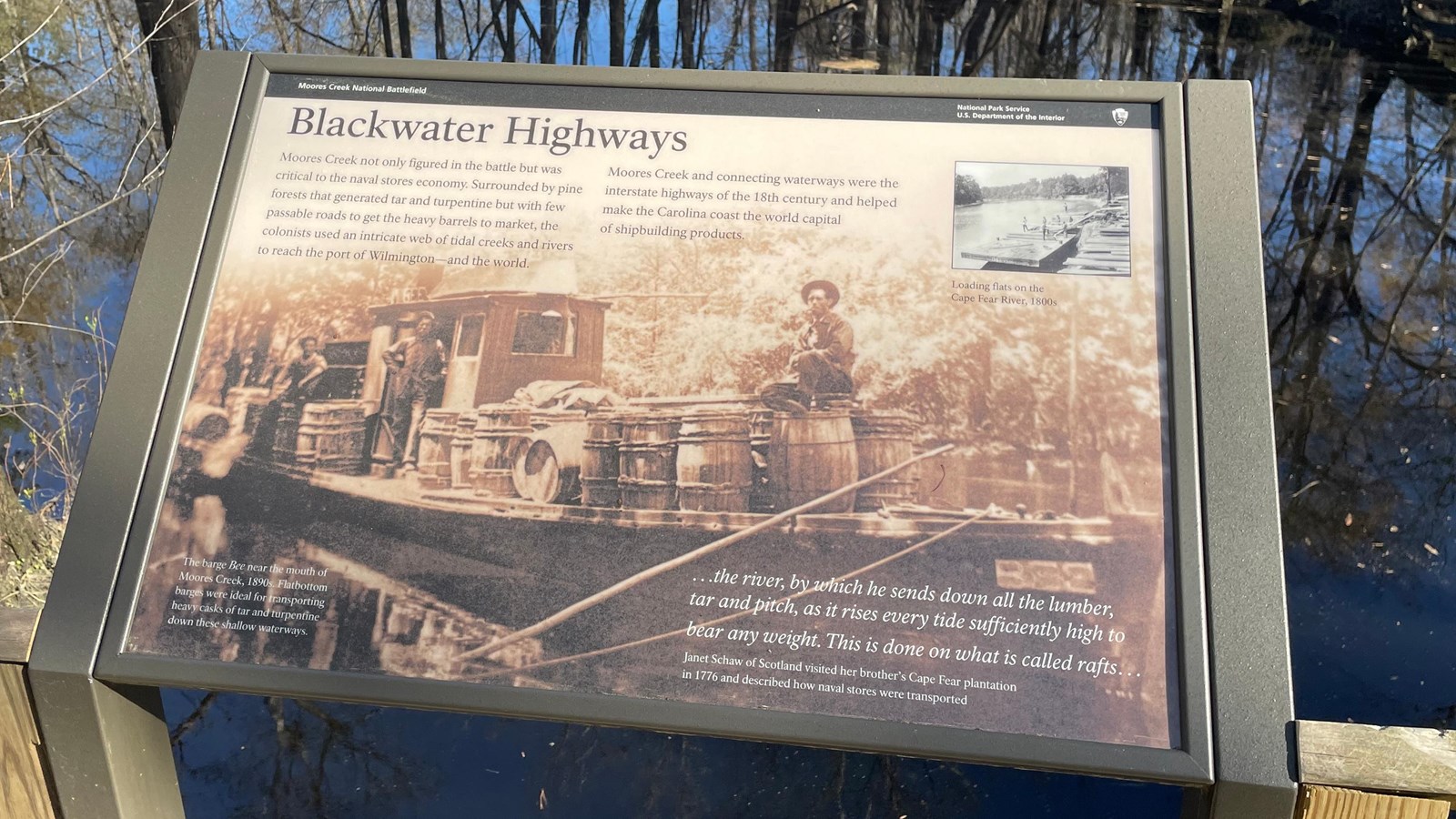 A 30x20 metal exhibit and base with text reading Blackwater Highways