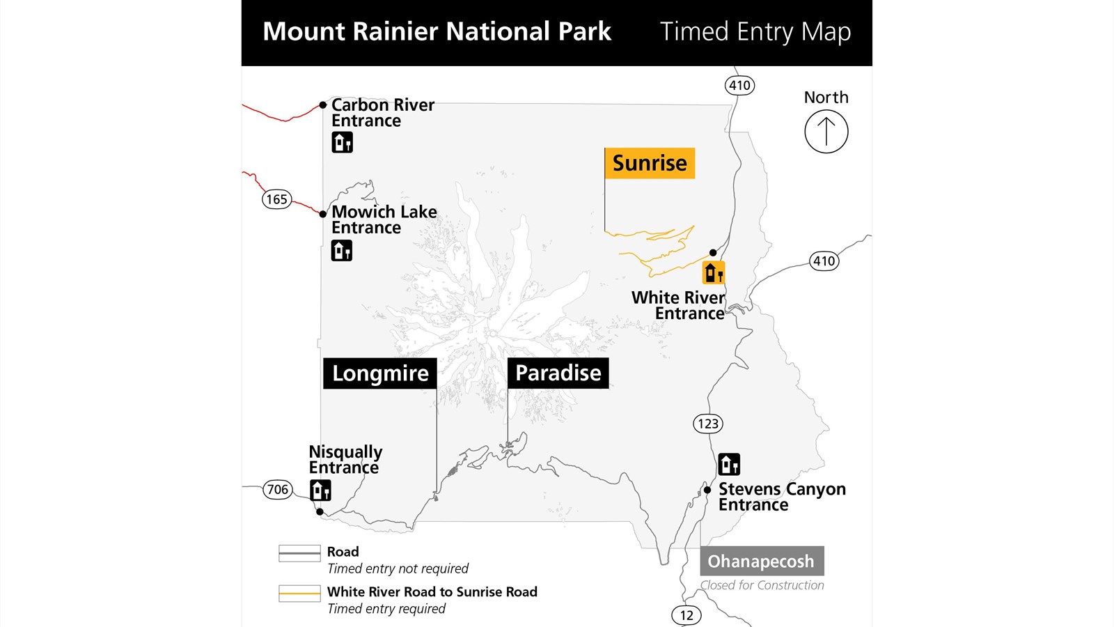 A simplified map of Mount Rainier National Park with the Sunrise Corridor highlighted.