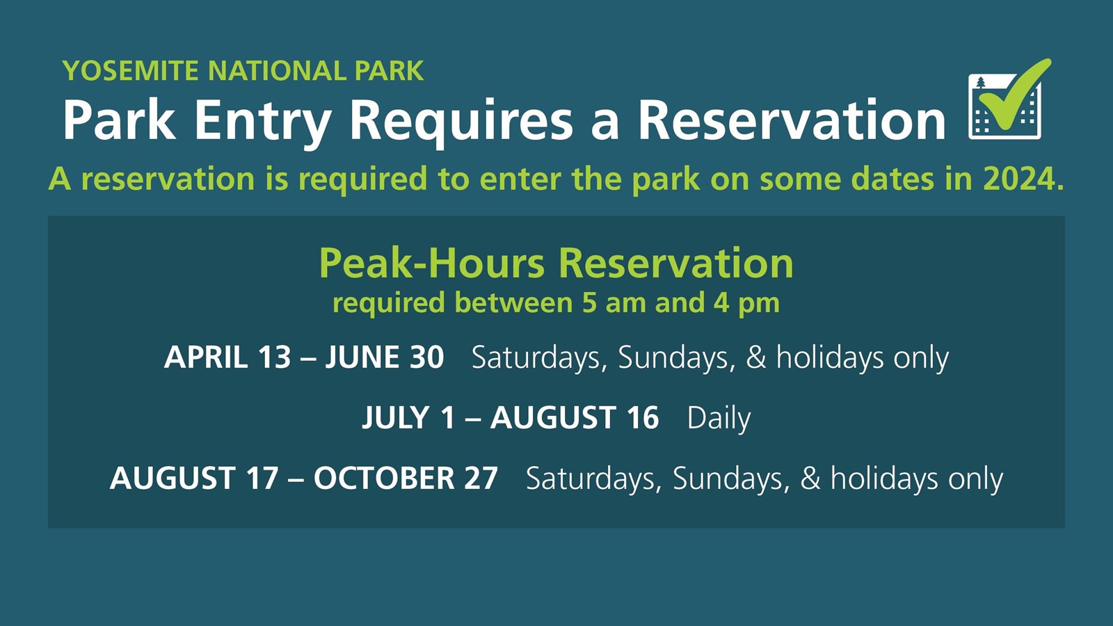Graphic showing different dates when reservations are required