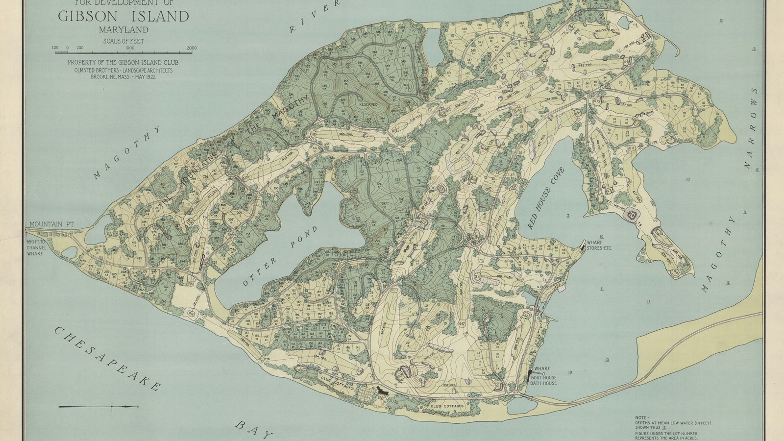 Plan of island with topographical lines, lots of green space, and lots for homes