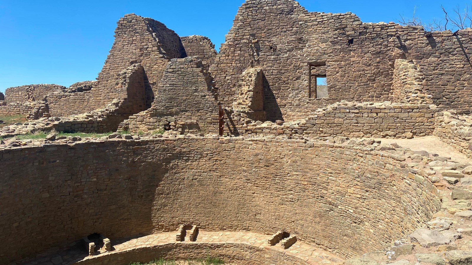 Looking down into a circular kiva and remnants of sandstone walls in the background.