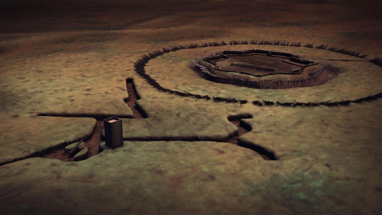 Animated rendering of the Star Fort, siege trenches, and riffle tower. 