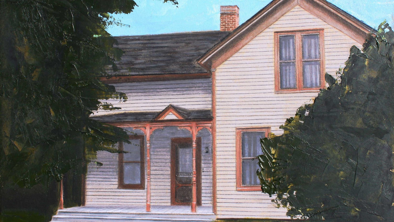 A painting depicts an off-white house with brown trim and a porch.