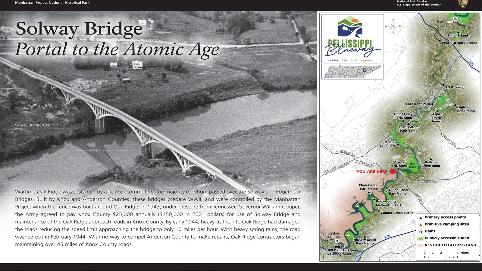 A wayside exhibit with text, a photo of a bridge, and a map of local waterways.