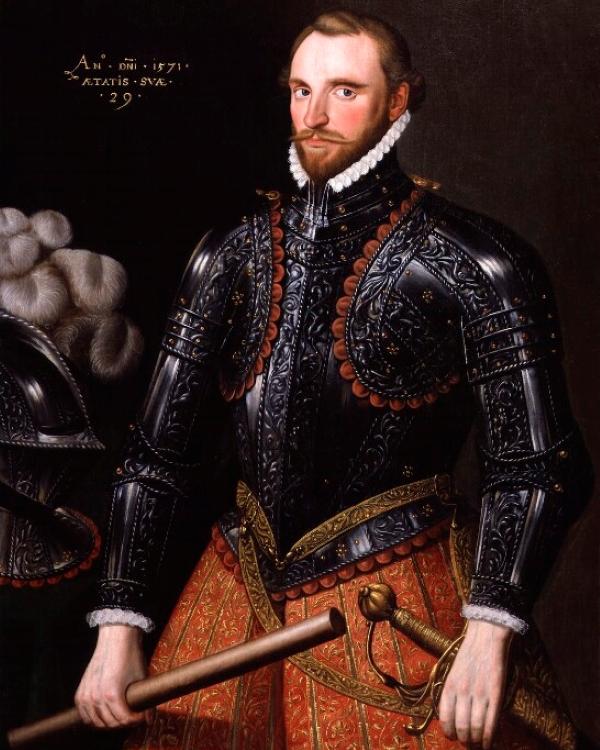Oil painting of a bearded man in armor