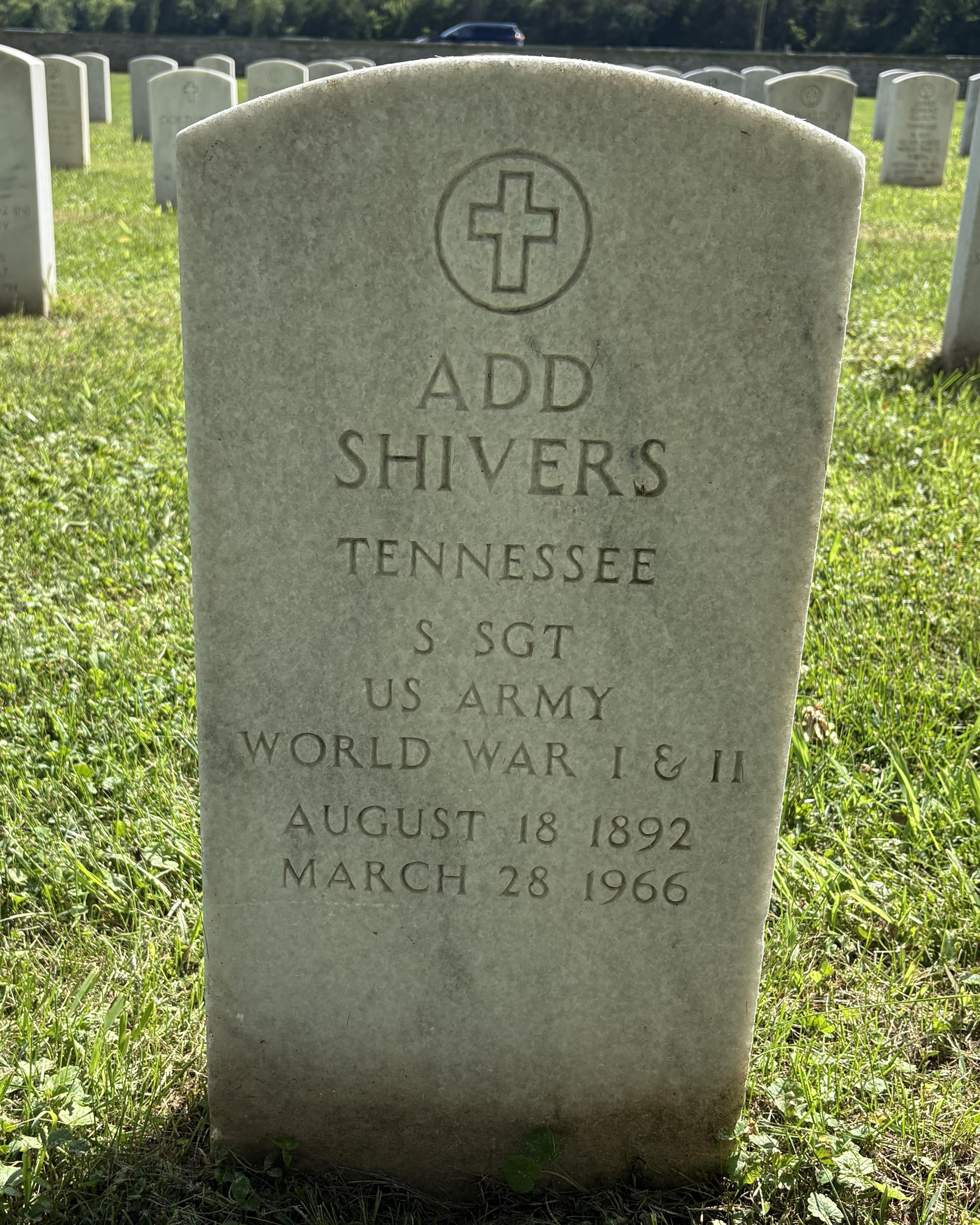 Marble headstone with details noting the life of WWI and II veteran Add Shivers. 